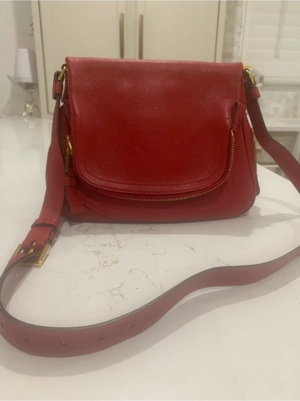TOM FORD Medium Jennifer Grained Leather Shoulder Bag Red Color